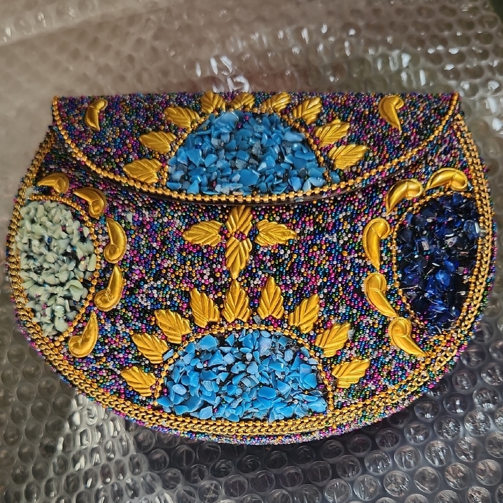 Vibrant Beaded Clutch with Gold Accents